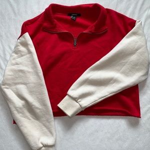 red and cream cropped quarter zip sweatshirt